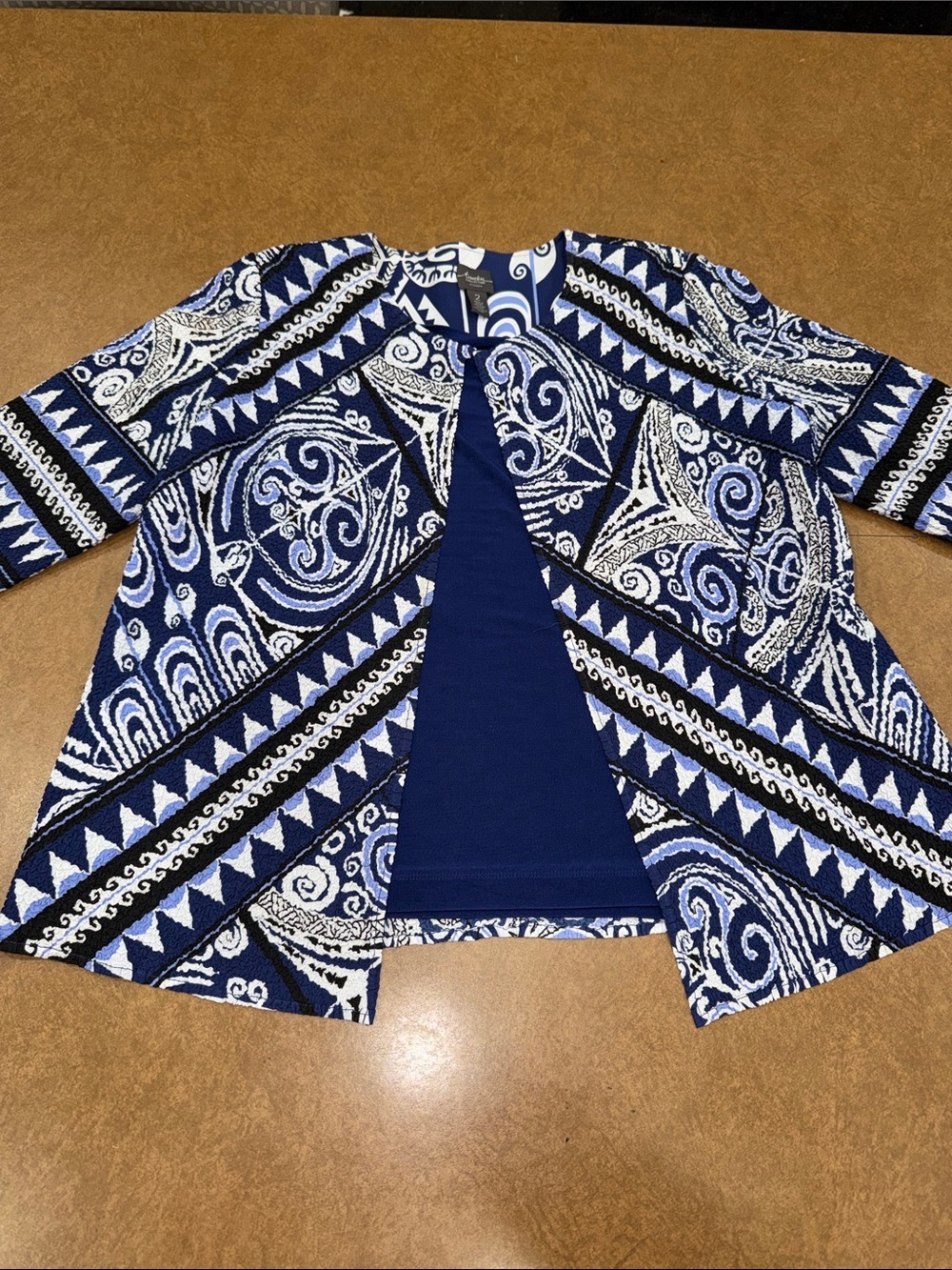 Chico's Blue, White & Black Patterned Open-Front Cardigan w Solid Navy Shell